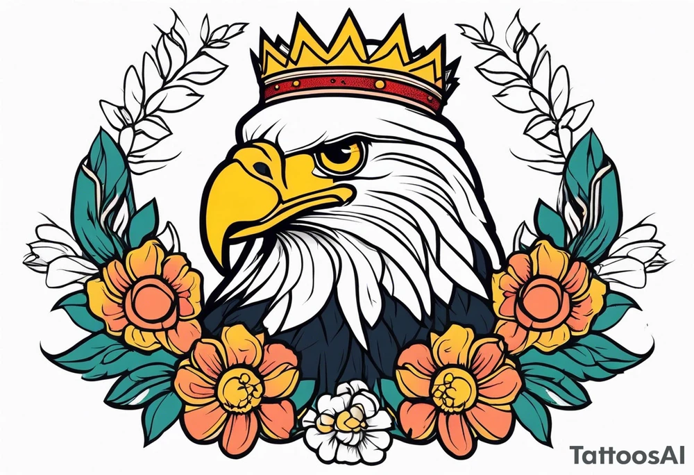 eagle with wings crown on head simple bold colors old school traditional vintage
surrounded by flowers tattoo idea