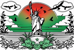 the statue of liberty with a skull for a face, and green dollar signs for eyes, with a red sun behind it with birds flying towards it tattoo idea