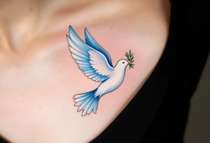 Dove of Peace – A gentle white dove in flight, with blue and gold feathers, carrying an olive branch in its beak, symbolizing peace and the Holy Spirit. tattoo idea