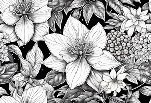 Hydrangea, Narcissus, Poinsettia, Holly, Gladiolus, Poppy, Daisy, Sweet Pea floral tattoo idea