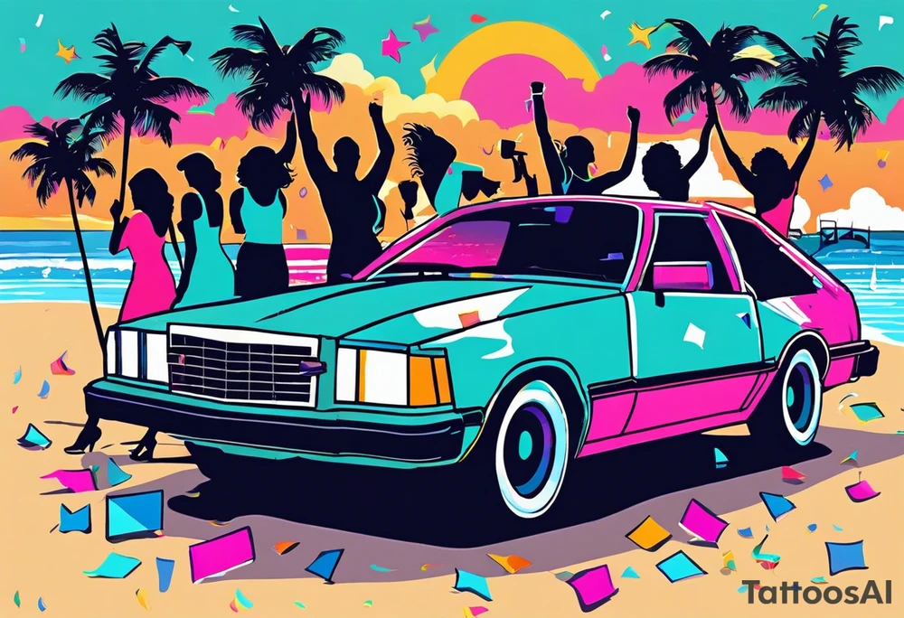 1980's style dance party with boom box and confetti in a beach theme. include people in 80's miami beach clothes, music note. Do not include cars tattoo idea