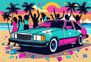 1980's style dance party with boom box and confetti in a beach theme. include people in 80's miami beach clothes, music note. Do not include cars tattoo idea