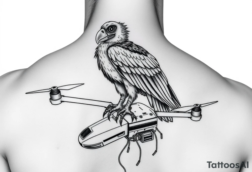 Cybernetic Vulture Perched on a Broken Drone
A scavenger bird with cybernetic enhancements, glowing eyes, and metal talons.
Perched on a busted surveillance drone, wires hanging loose like entrails.
Symbolizes survival in a tech-ravaged world. tattoo idea
