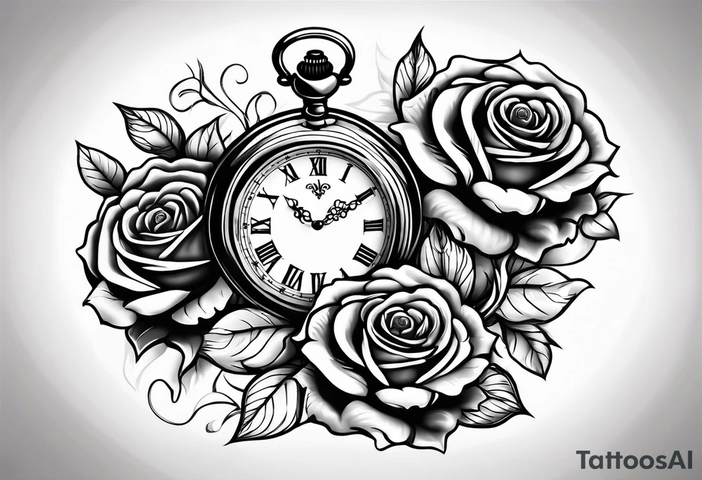 Pocket watch with chain and roses tattoo idea