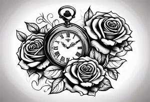 Pocket watch with chain and roses tattoo idea
