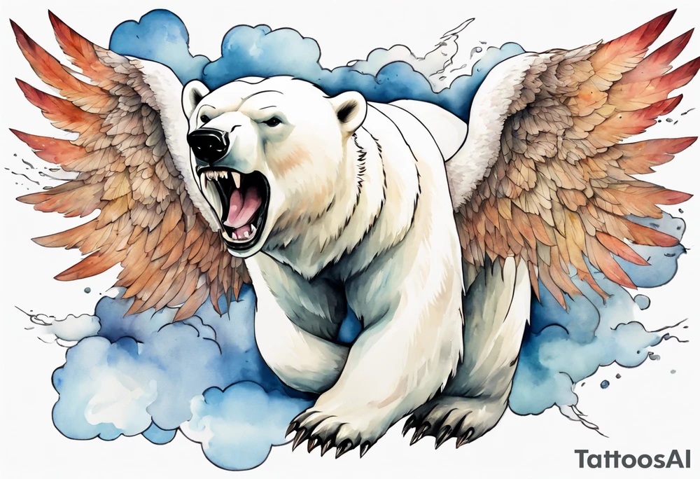a polar bear with wings, standing on thunder clouds, with mouth wide open tattoo idea