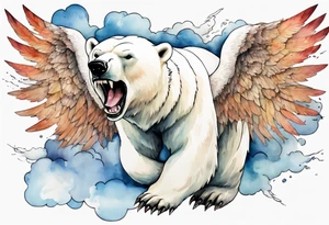 a polar bear with wings, standing on thunder clouds, with mouth wide open tattoo idea