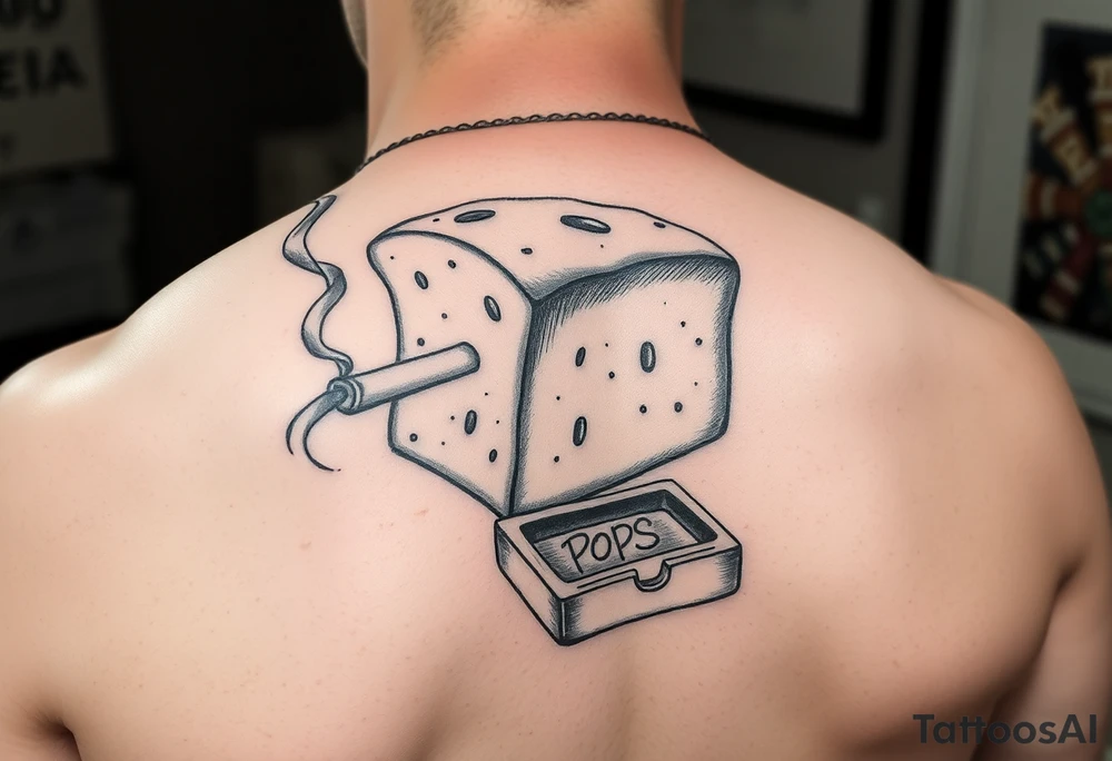 A loaf of bread smoking a cigarette with a ashtray  and pops written tattoo idea