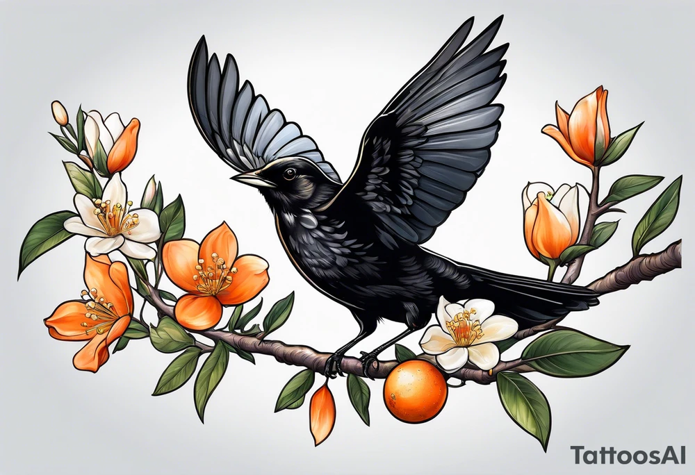 blackbird leaving on an orange blossom branch with its wings up tattoo idea