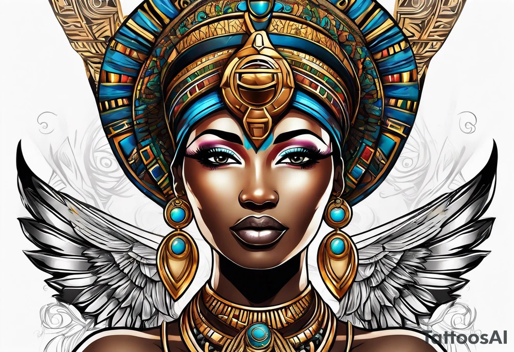 African Goddess wearing the eye of Horus and Ankh symbol tattoo idea