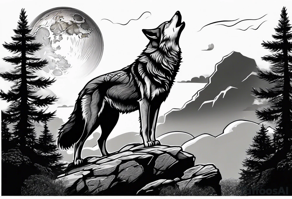 A wolf howling at the full moon on top of a rock surrounded by trees tattoo idea