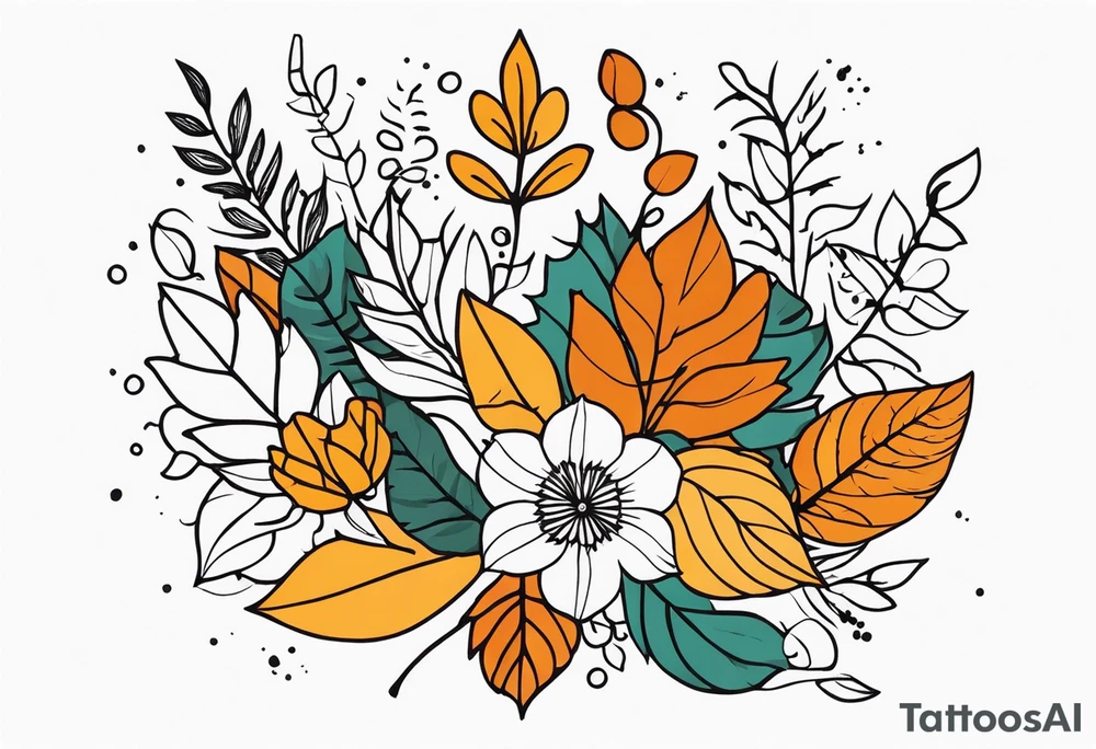 Full arm with fall colors, flowers, water, leaves and various shapes tattoo idea
