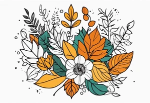 Full arm with fall colors, flowers, water, leaves and various shapes tattoo idea