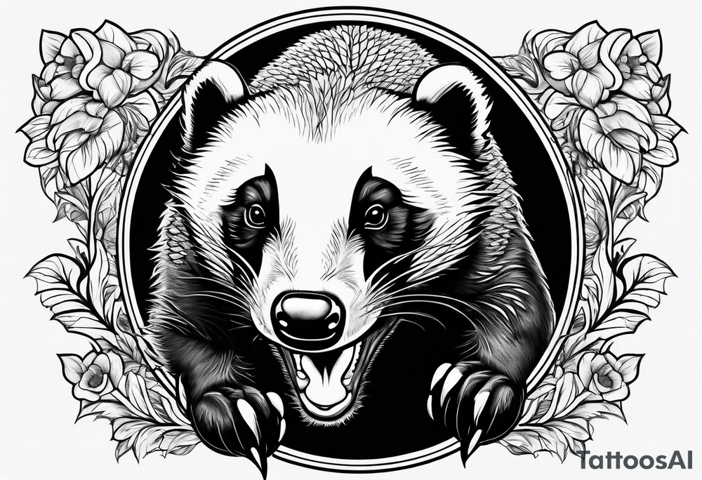 honey badger climbing up and over, claws, gentle face tattoo idea