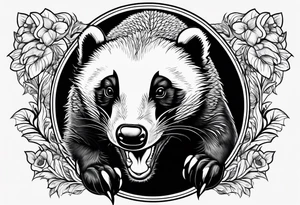 honey badger climbing up and over, claws, gentle face tattoo idea