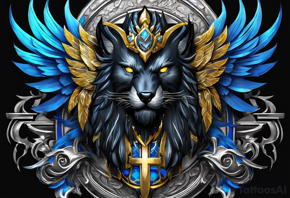 black cyber matallic griffin with golden and silver accents and blue neon tattoo idea