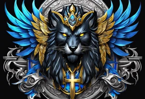 black cyber matallic griffin with golden and silver accents and blue neon tattoo idea