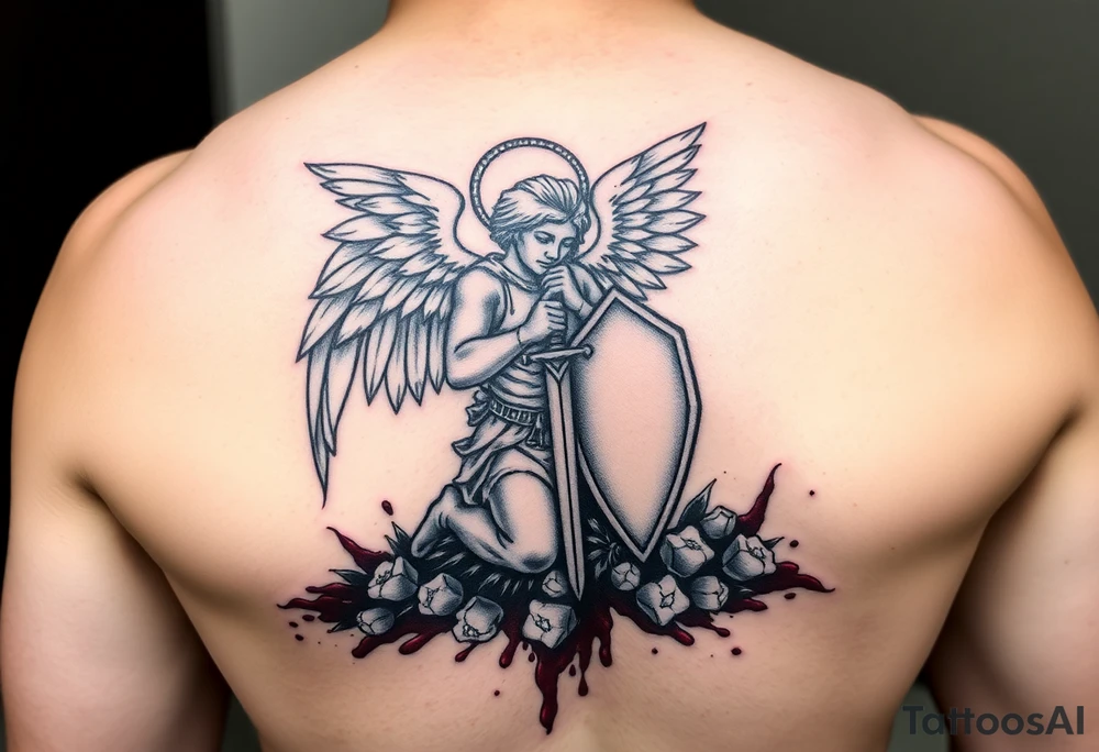 Arch angel Gabriel kneeling with sword and shield on battlefield covered in blood tattoo idea