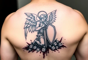 Arch angel Gabriel kneeling with sword and shield on battlefield covered in blood tattoo idea
