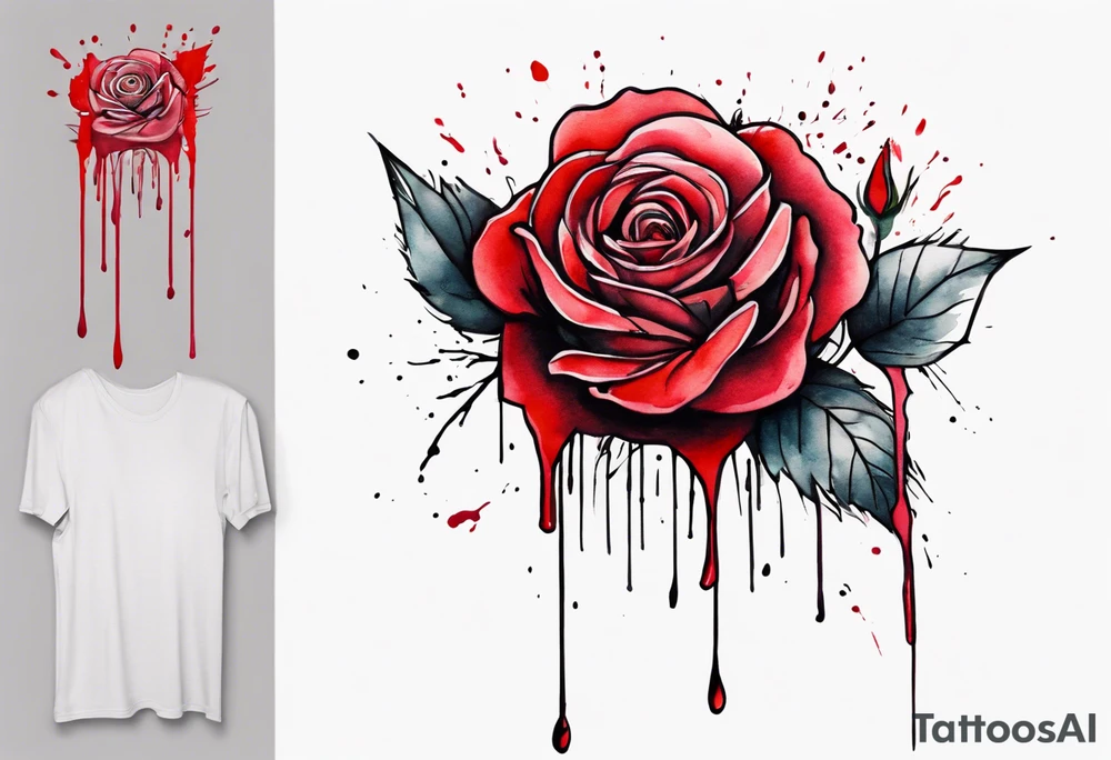 rose flower, one line, red blood dripping from the flower, tall, watercolor, with a t 
placed in the bottom half, simple tattoo idea
