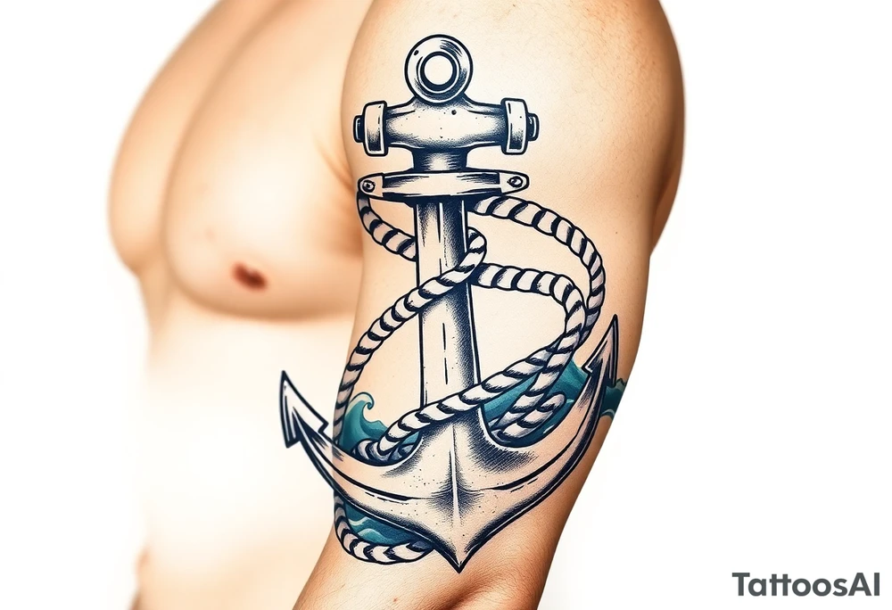 weathered anchor wrapped in nautical rope with sea waves tattoo idea