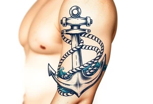 weathered anchor wrapped in nautical rope with sea waves tattoo idea