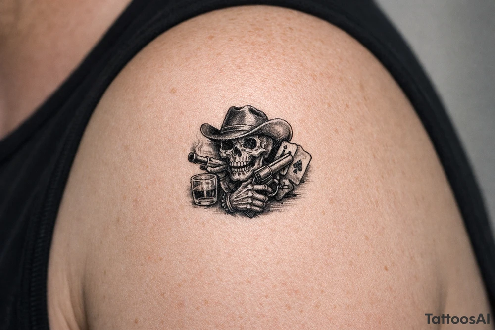 skull with cowboy-hat, cigar in his mouth, a gun in a hand, playing cards, whiskey-glass. tattoo idea