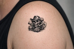 skull with cowboy-hat, cigar in his mouth, a gun in a hand, playing cards, whiskey-glass. tattoo idea