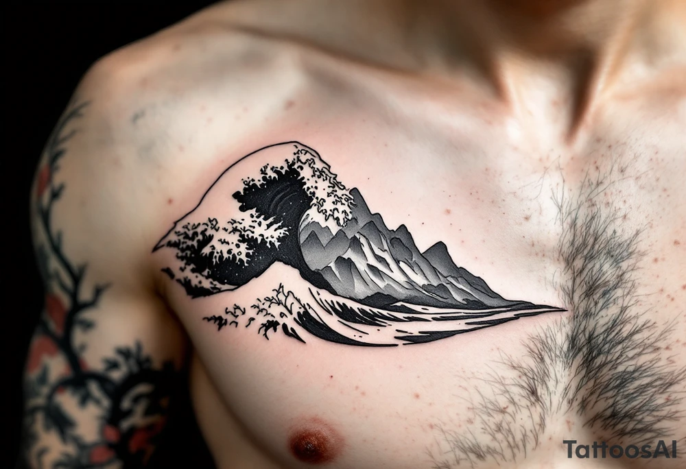 A fine-line black and gray wave flows into a mountain silhouette on the upper arm. tattoo idea