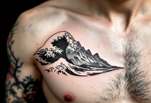 A fine-line black and gray wave flows into a mountain silhouette on the upper arm. tattoo idea