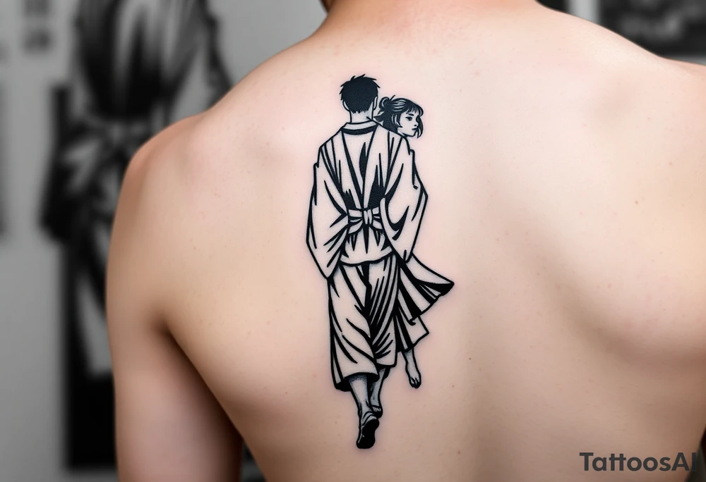 An abstract tattoo of a guy in a kimono walking forward while a girl pushes him from behind. tattoo idea