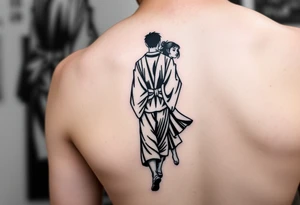 An abstract tattoo of a guy in a kimono walking forward while a girl pushes him from behind. tattoo idea
