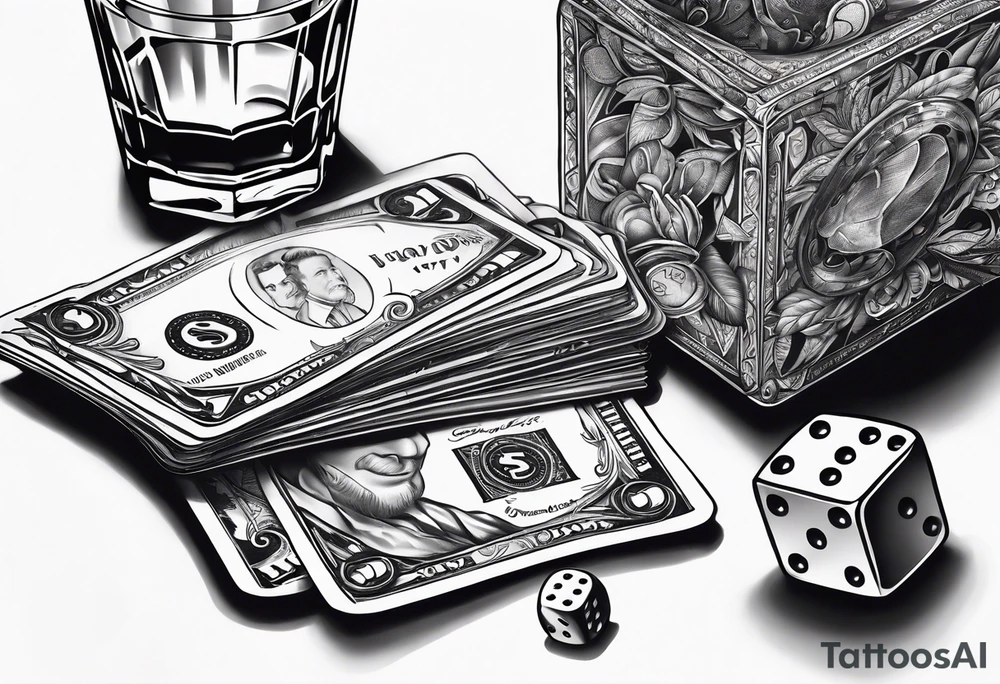 cards, money, dice, and whiskey on ice, tattoo idea