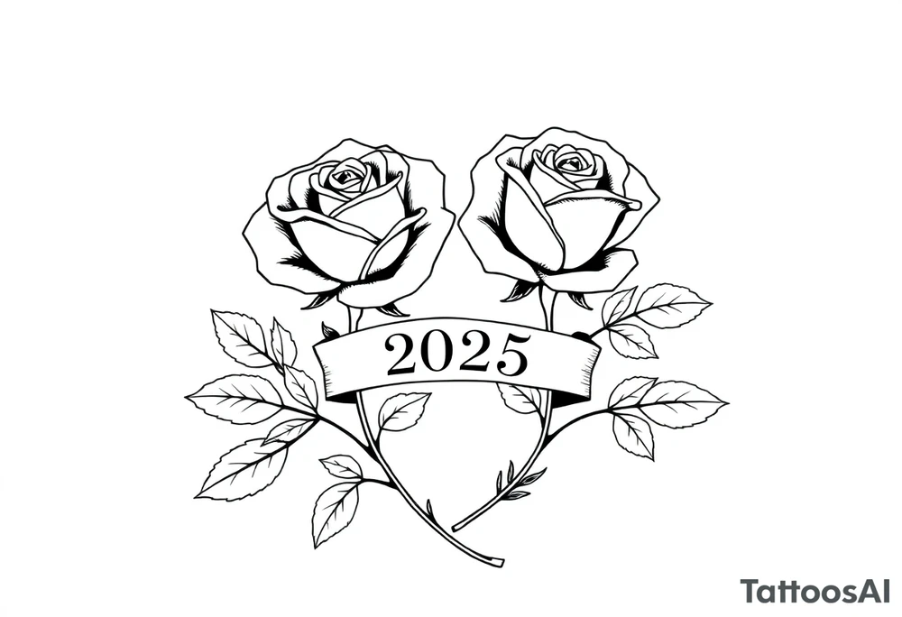 two beautiful large rose buds, one larger than the other, with many leaves next to the rose buds, with one sitting higher than the other. Include a banner connecting the two roses with the year 2025 on it.   Use dark outlines with little shading. The two stems should be short, not long, and connect and join into one stem, whimsically curved or twisted - not straight down. tattoo idea