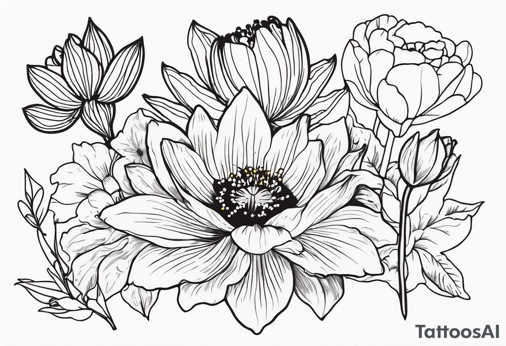 Poppy, water lily, Lily of the valley, daffodil, cosmo, rose, daisy flower bouquet, portrait style tattoo idea