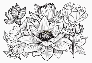 Poppy, water lily, Lily of the valley, daffodil, cosmo, rose, daisy flower bouquet, portrait style tattoo idea