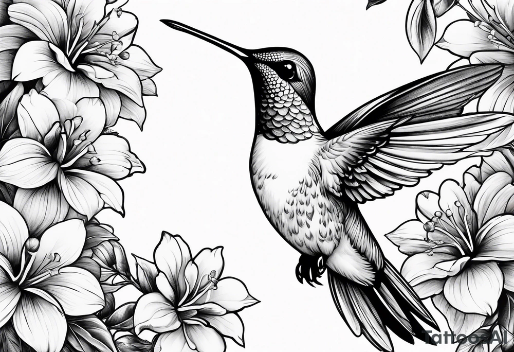 Humming bird surrounded by beautiful flowers tattoo idea