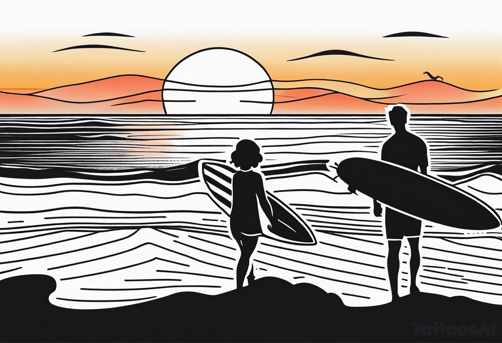 Black and white Line work tattoo depicting a father surfing in the sunset, and sharing his surfboard with his two daughters.  The sunset and horizon have musical notes. tattoo idea