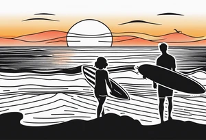 Black and white Line work tattoo depicting a father surfing in the sunset, and sharing his surfboard with his two daughters.  The sunset and horizon have musical notes. tattoo idea