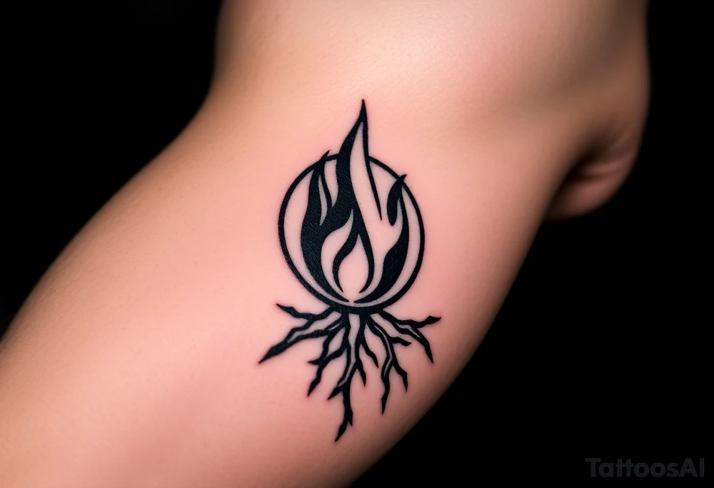 a round flame in a prison of 
roots tattoo idea