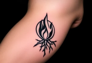 a round flame in a prison of 
roots tattoo idea