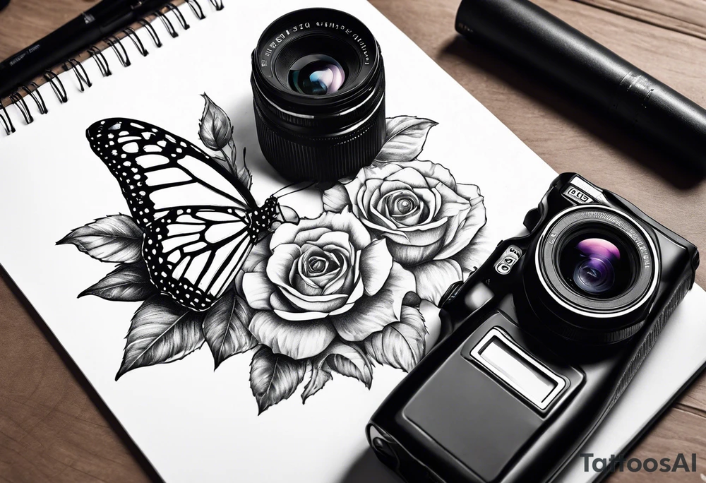 Butterfly, sunflower, camera, book, flower rose tattoo idea