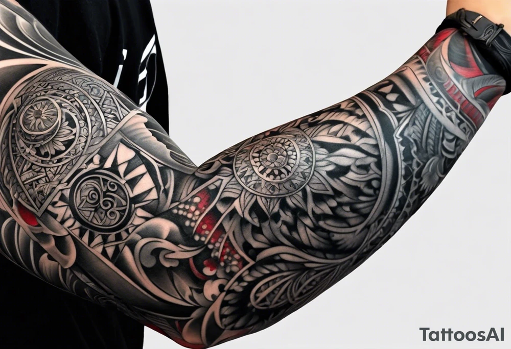 Full Arm sleeve, black, gray, silver, red tattoo idea