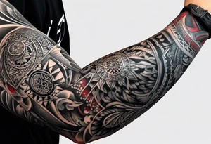 Full Arm sleeve, black, gray, silver, red tattoo idea