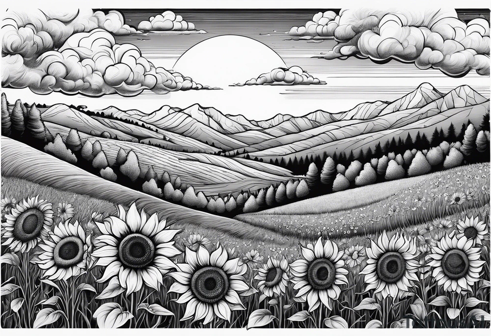 beautiful and heavily detailed sunflower meadow valley with two large bumble occupying the sky with awe inspiring cumulous clods tattoo idea