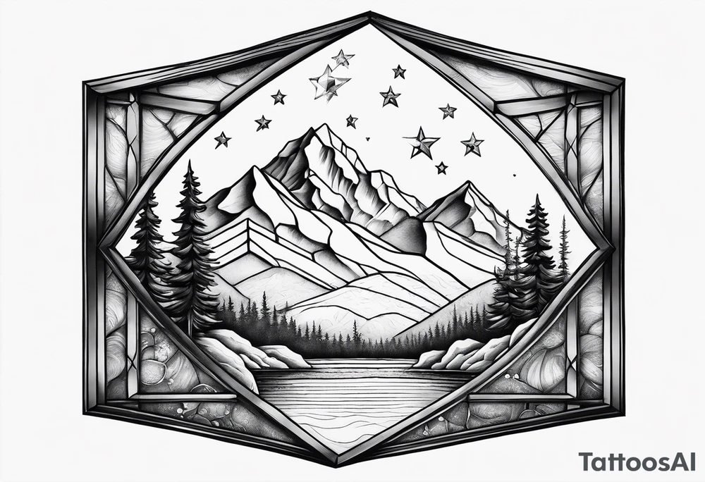 A diamond window showing 3 stars above a mountain. Waves underneath, trees to the sides tattoo idea