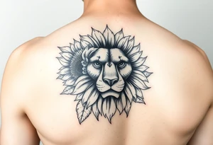sunflower or multiple sunflowers and lion head on a woman upper arm tattoo idea