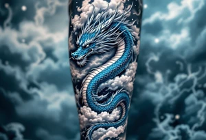 A blue dragon with silver scales winding through storm clouds, representing wisdom and power. tattoo idea