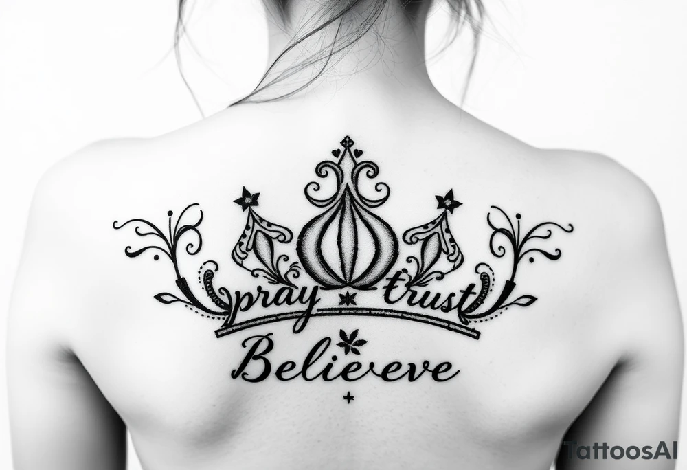 Pray, trust, believe, crown tattoo idea
