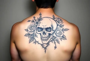 gothic skull intertwined with climbing roses and thorny vines tattoo idea